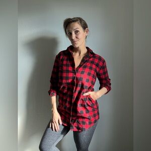 Buffalo Plaid Tunic Shirt Red Black Medium Cotton With Pockets